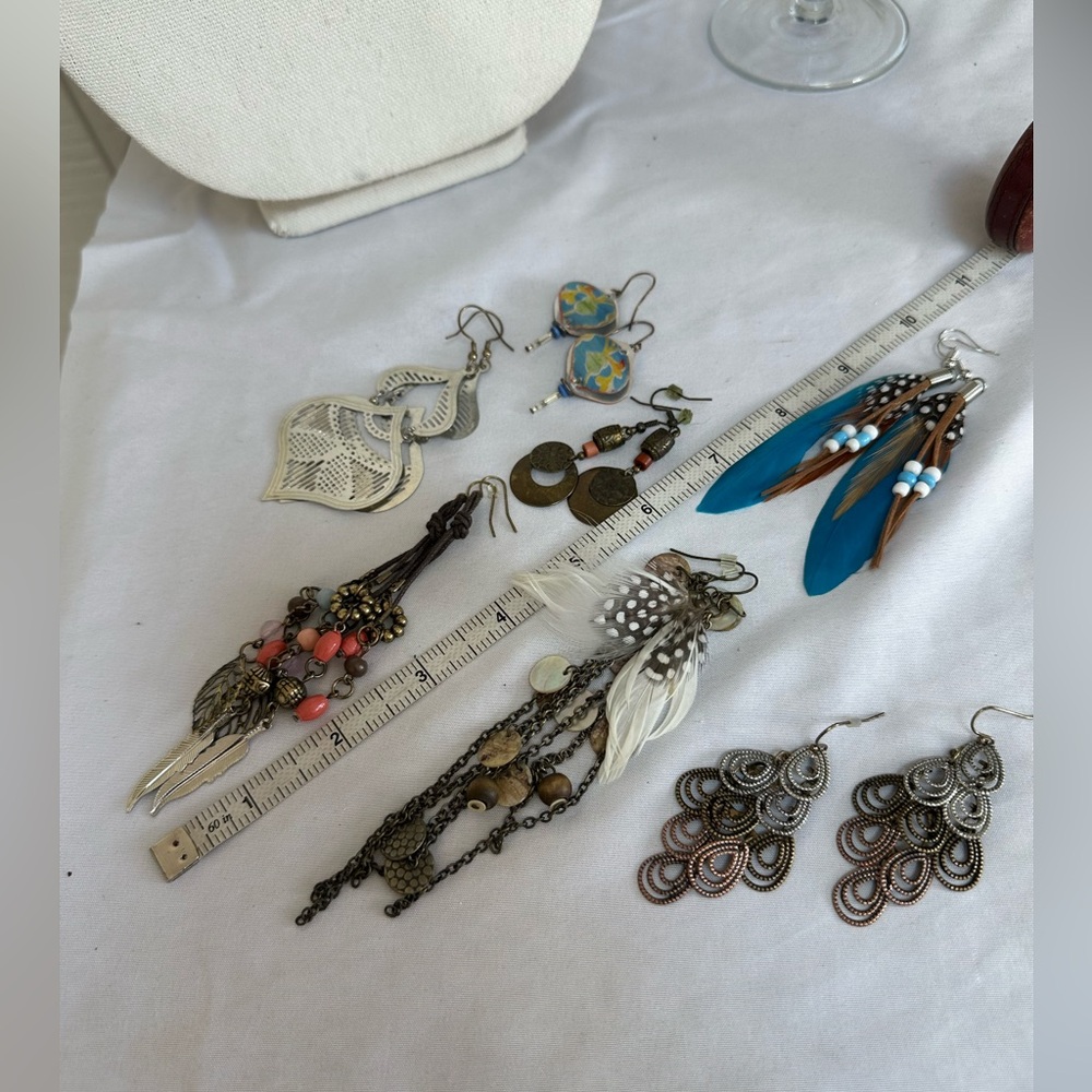 Seven pairs of boho hippie retro dangle earrings